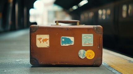 A vintage suitcase adorned with travel stickers, resting on a train platform.