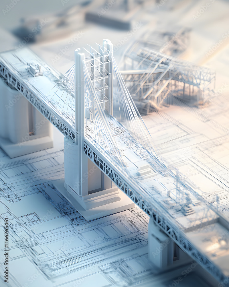 Poster 3d model of cable-stayed bridge on architectural blueprints