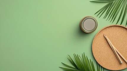 Workspace with soft natural hues, greenery, and eco-friendly materials like cork and bamboo, natural desk setup, sustainable and stylish