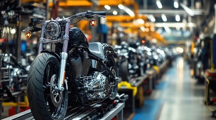 Fototapeta premium A dynamic production line in a motorcycle factory with frames being moved on automated conveyors for assembly.