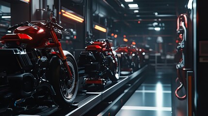 A dynamic production line in a motorcycle factory with frames being moved on automated conveyors for assembly.