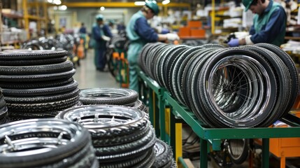 A dynamic view of a bicycle tire assembly station, with stacks of rims and workers fitting spokes.
