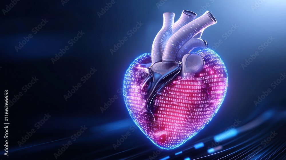 Poster digital representation of a heart with glowing elements.