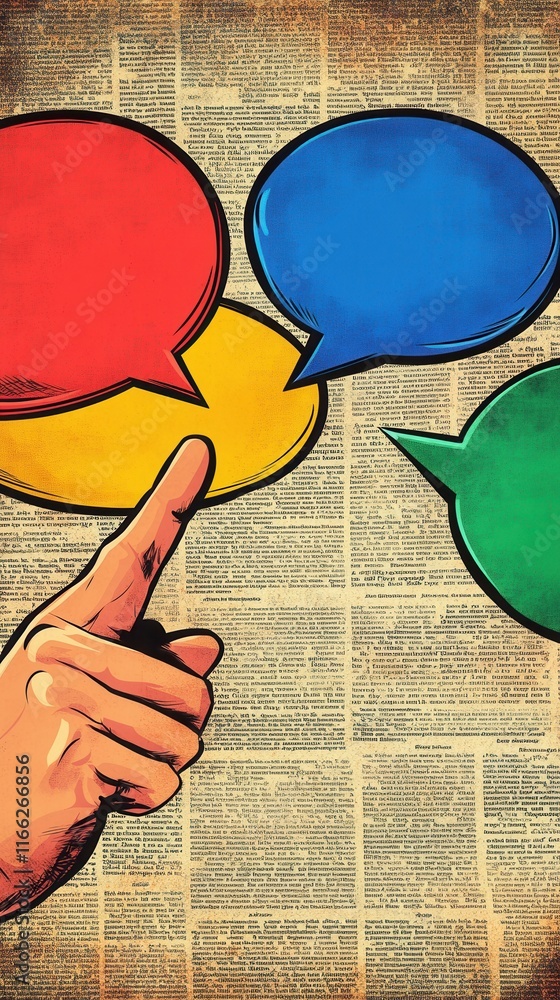 Poster hand points to colorful speech bubbles on old text