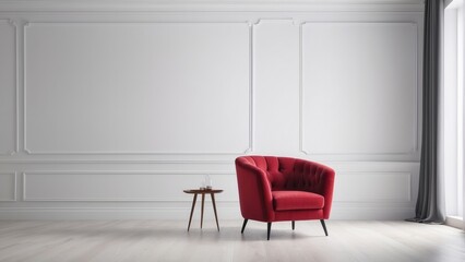 interior house with simple white background mock up, red armchair, modern empty space concept