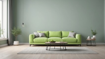 Light Lime Green sofa in minimal living room design, empty wall mockup