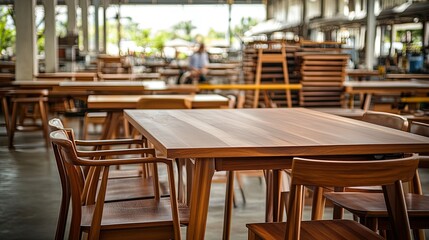 Craftsmen assembling dining tables in a well-lit factory with industrial tools and stacks of finished products.