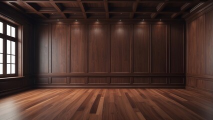 minimalist empty room with Moody Mahogany walls and wooden paneling