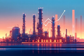 Fototapeta premium Industrial Growth: Refinery at Sunset with Upward Trending Graph