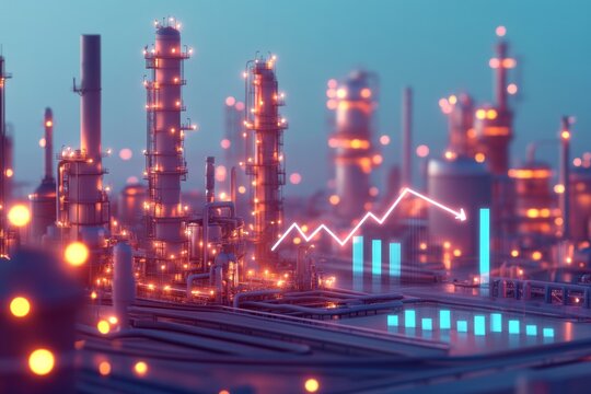 Industrial Complex: Nighttime Refinery with Decreasing Oil Prices