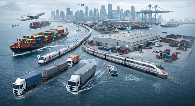 All means of transportation, train, plane, cargo ship, truck in one frame, Global shipping