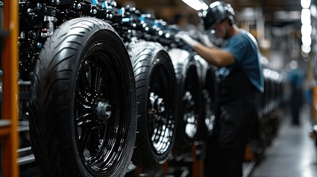 Motorcycle tires being aligned and fitted onto wheels in an organized assembly station within the factory.