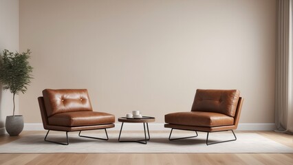 Modern living room design, leather lounge chairs furniture, bright natural color