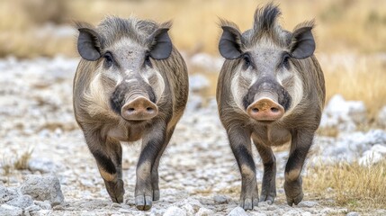 Fototapeta premium Two Wild Boars Walking Along Rocky Path at Golden Hour