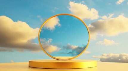 Golden Circle Reflecting Sky and Clouds: Minimalist Digital Art
