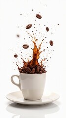 Coffee Bean Flying In The Air Explosion Splash Isolated On White Background