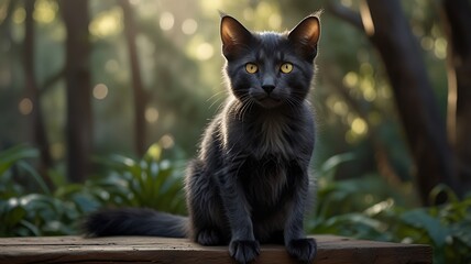 A striking Lykoi cat with its unique werewolf-like appearance, featuring sparse black and gray fur and piercing yellow eyes, sitting confidently on a rustic wooden table in soft natural light.