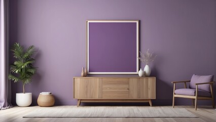 wall mock up in violet simple and minimal interior with wooden furniture, with blank frame mockup