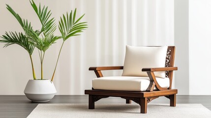 A minimalist lounge space featuring a wooden chair and plant.