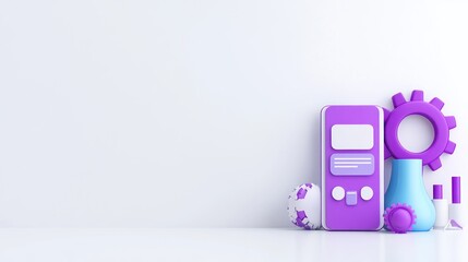 Colorful science-themed toys on a minimalist background.