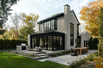 Modern stone house surrounded by colorful trees in a serene backyard setting, featuring large windows and a spacious outdoor dining area for gatherings and relaxation