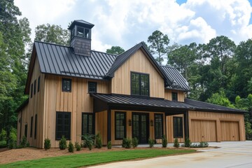 Obraz premium Modern farmhouse design showcasing natural wood exterior and sleek metal roof with a scenic forest backdrop under a clear blue sky