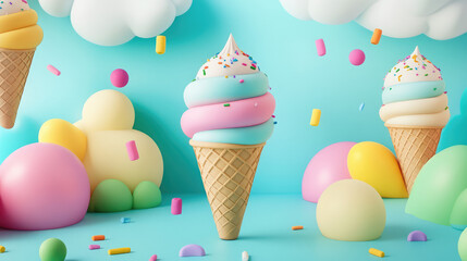 Cute 3D balloons shaped like ice cream cones, with colorful sprinkles floating around inside