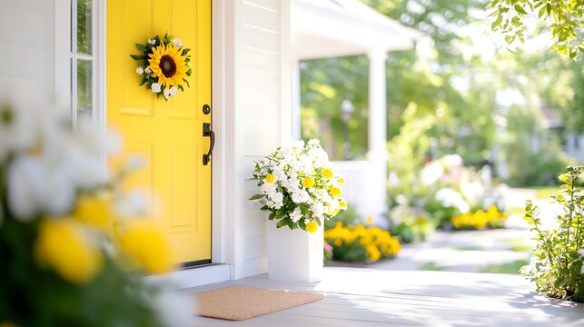 Yellow front door with sunflower wreath, white flowers, and a welcoming porch. - Powered by Adobe