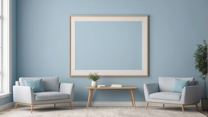 blank frame mockup in contemporary living room design, pale blue wall background