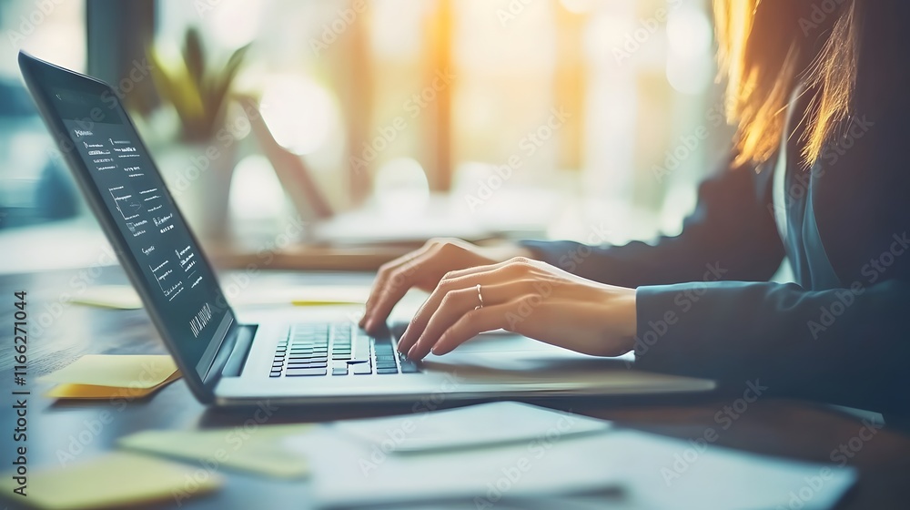 Poster close-up of a businesswoman's hands typing on a laptop. the screen displays data charts and graphs. 