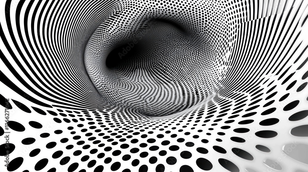 Poster abstract black and white vortex: a mesmerizing digital art piece featuring a swirling tunnel of dots