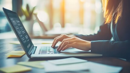 Close-up of a businesswoman's hands typing on a laptop. The screen displays data charts and graphs.  Bright, modern office setting.