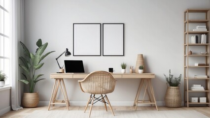 blank mock up frame wall in scandinavian interior background, rattan chair and white desk