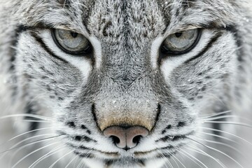 Lynx close-up portrait, piercing gaze, background in various shades of gray .