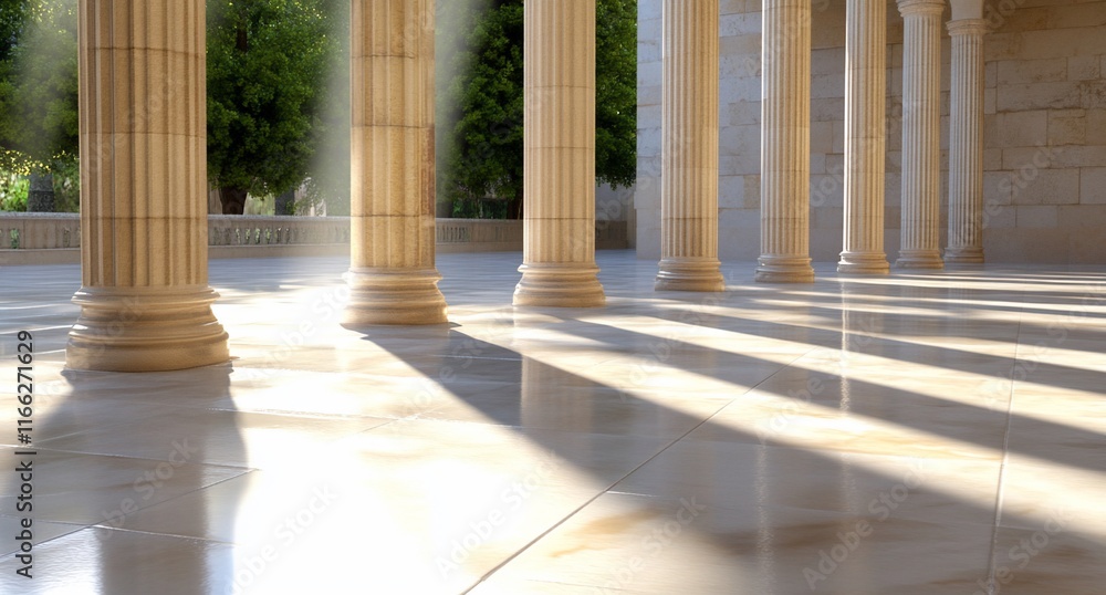 Poster a serene architectural space with columns casting long shadows.