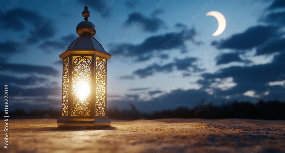 Poster a lantern illuminated at dusk with a crescent moon in the background.