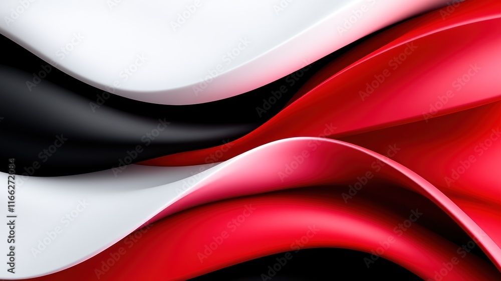 Poster abstract waves of black, white, and red create a dynamic visual flow.
