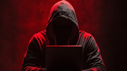 Mysterious Figure Using Laptop in Dark Environment