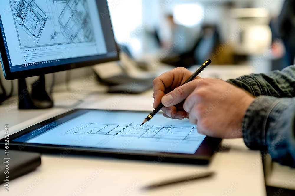 Poster architectural blueprint sketching on digital tablet and computer