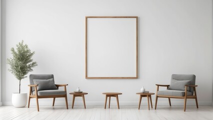 living room design with frame, minimalist chairs, white wall
