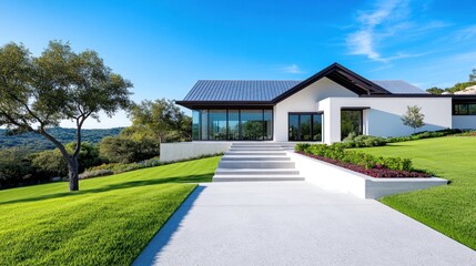 Modern house with landscaped garden and clear blue sky.