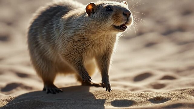 video of kaleidoscopic deformed pattern female gopher standing under sunlight sandy ground dynamic image creating unique abstract visual representation
