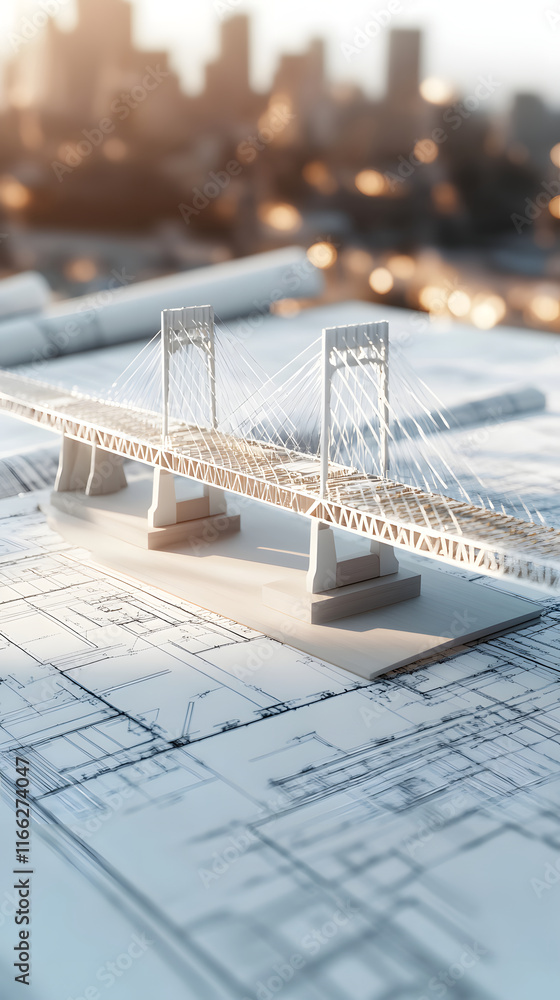 Poster cable-stayed bridge model on blueprints