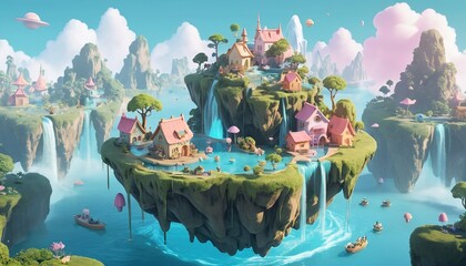 Floating island village with waterfalls, houses, boats, and lush greenery in a fantasy setting.