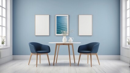 frame mockup in scandinavian dining room, minimal design on white and blue interior background