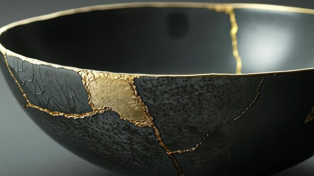 Unique black bowl with gold accents showcasing artistic repair techniques and modern craftsmanship