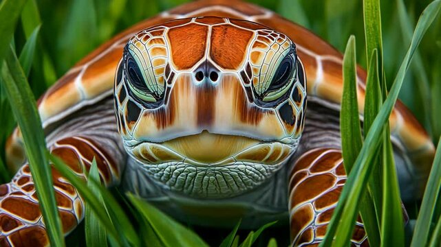 Colorful turtle resting in lush green grass under natural sunlight on a clear day