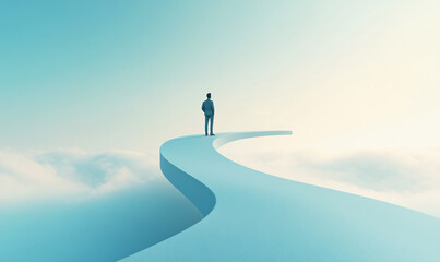 A solitary figure standing on a winding path shaped like an upward arrow, symbolizing career growth,