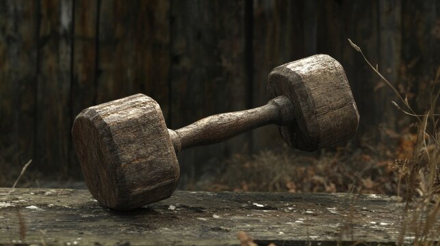 Rustic Wooden Dumbbell on Weathered Log