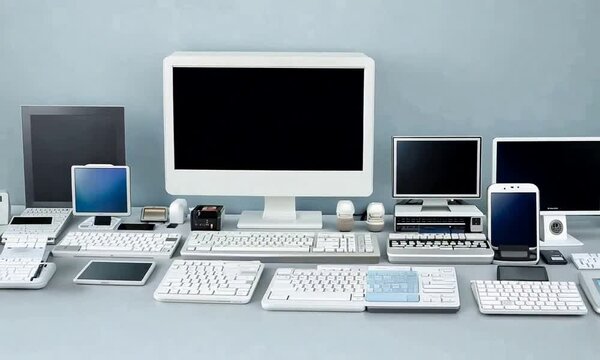 A collection of various computer devices and accessories arranged on a table.